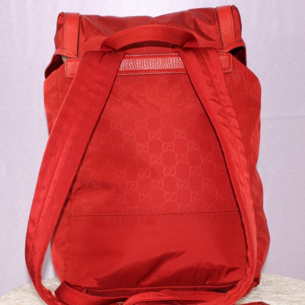 Gucci Red GG Nylon Backpack Leather Trim Authentic Designer Bag - Picture 8 of 16